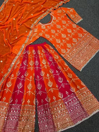 Pink Orange Embroidery Kurta-Sharara Dupatta Set