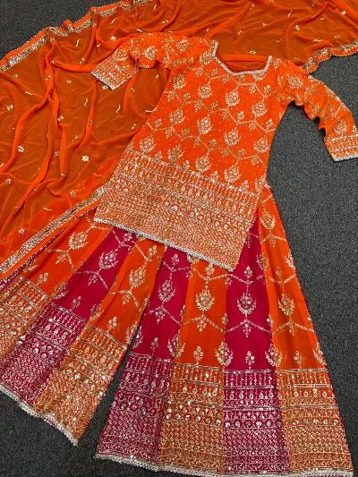 Pink Orange Embroidery Kurta-Sharara Dupatta Set