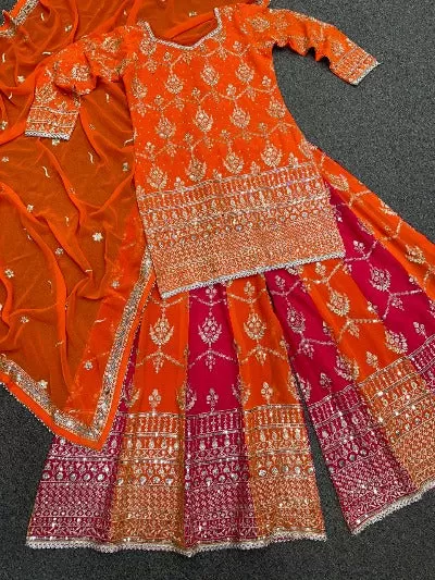 Pink Orange Embroidery Kurta-Sharara Dupatta Set