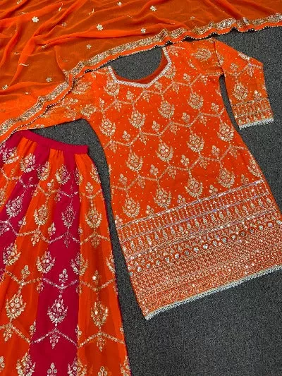 Pink Orange Embroidery Kurta-Sharara Dupatta Set