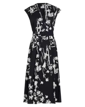 Poplin Printed Cap Sleeve Midi Dress (Black Floral)