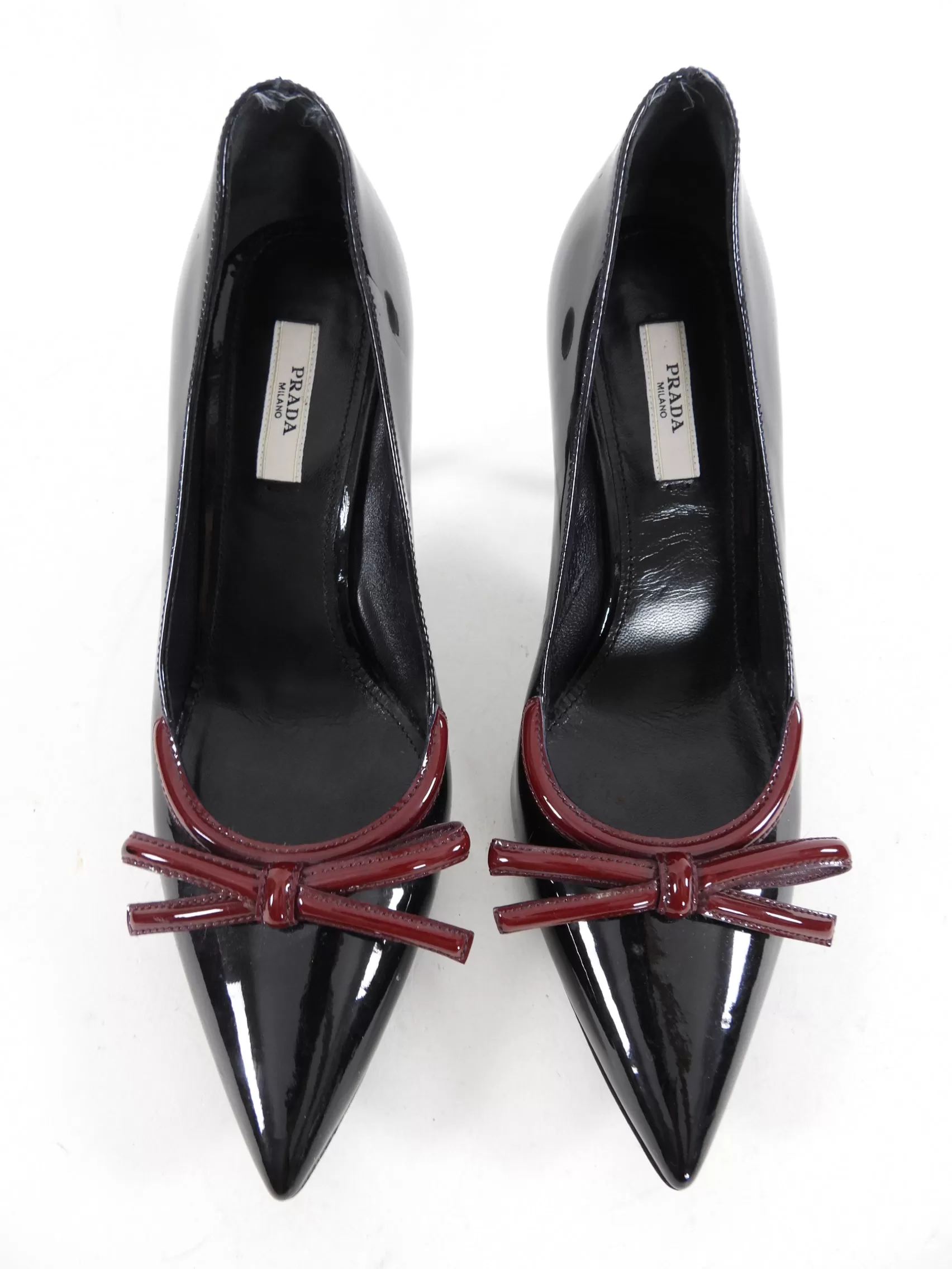 Prada Black Patent Pumps with Burgundy Bow Detail - 7/ 7.5