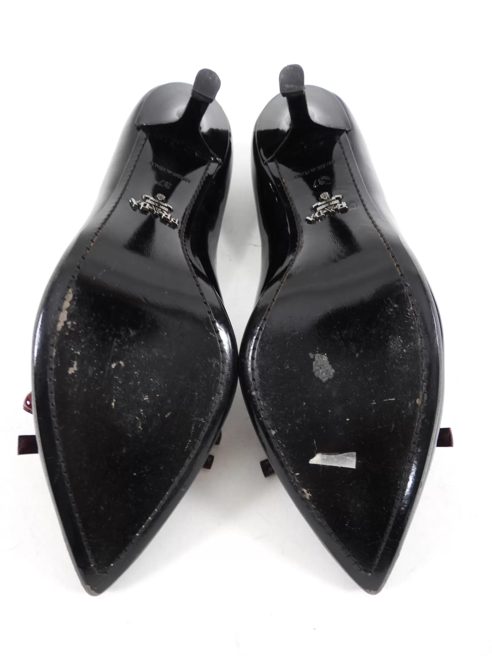 Prada Black Patent Pumps with Burgundy Bow Detail - 7/ 7.5