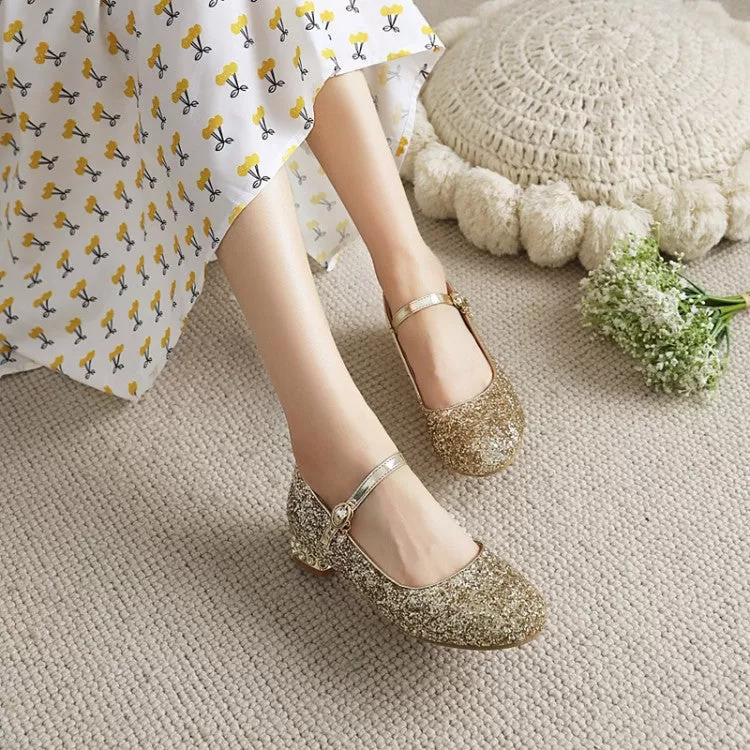 Round Toe Glitter Mary Janes Low Heels Women's Pumps