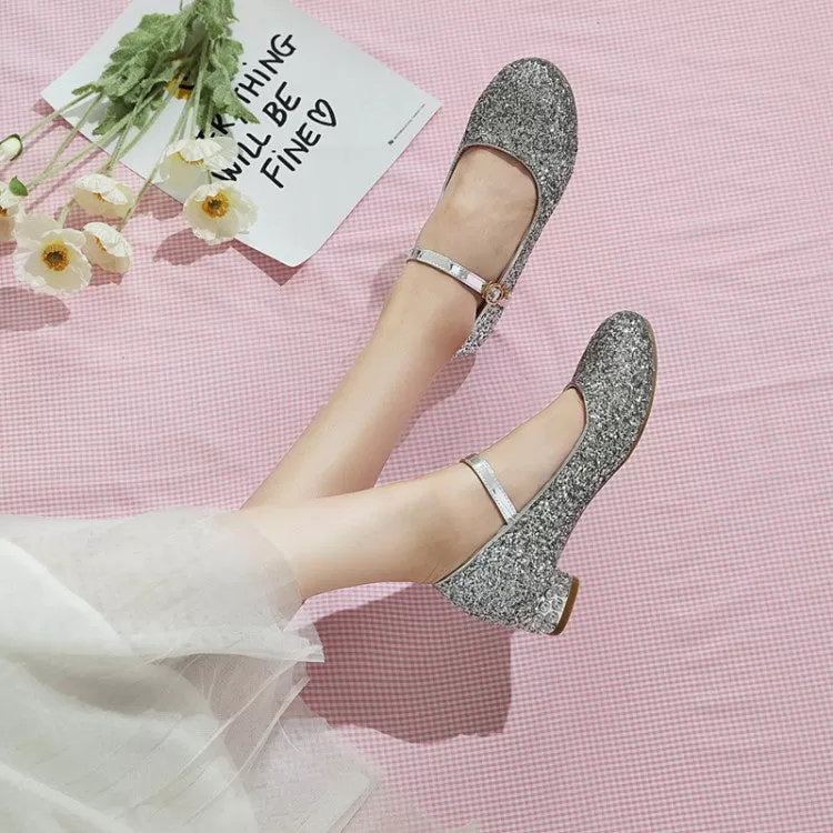 Round Toe Glitter Mary Janes Low Heels Women's Pumps