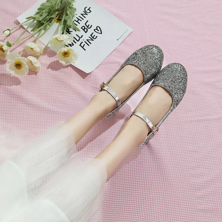 Round Toe Glitter Mary Janes Low Heels Women's Pumps