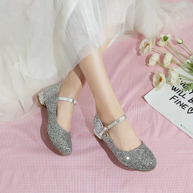 Round Toe Glitter Mary Janes Low Heels Women's Pumps