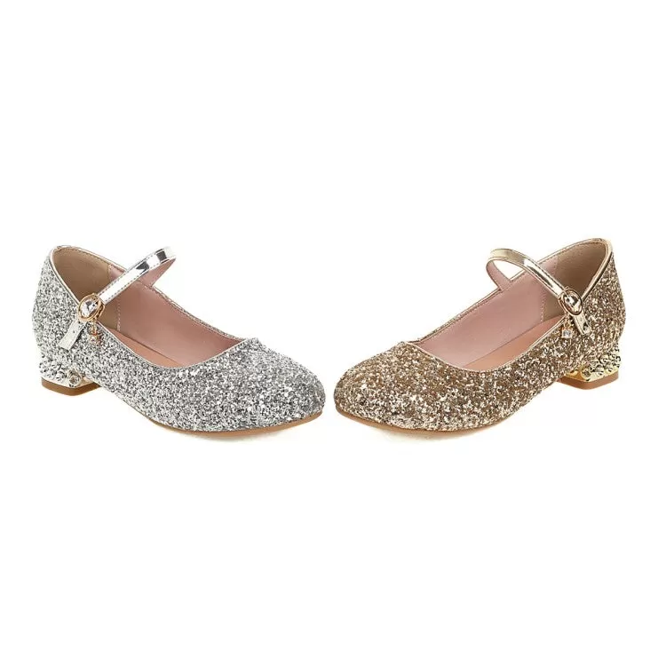 Round Toe Glitter Mary Janes Low Heels Women's Pumps