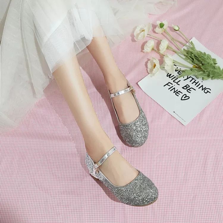 Round Toe Glitter Mary Janes Low Heels Women's Pumps