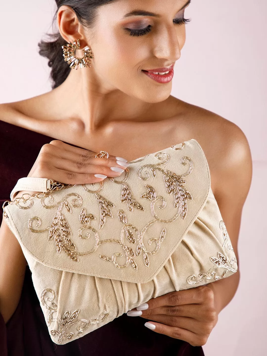 Rubans Cream Colour Slingbag With Embroided Gold And Brown Design.