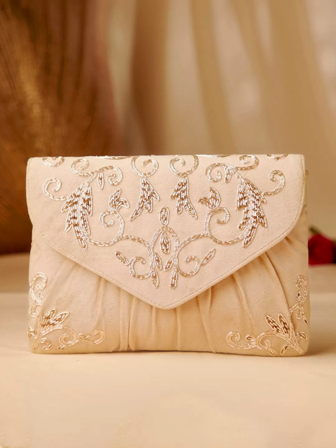 Rubans Cream Colour Slingbag With Embroided Gold And Brown Design.