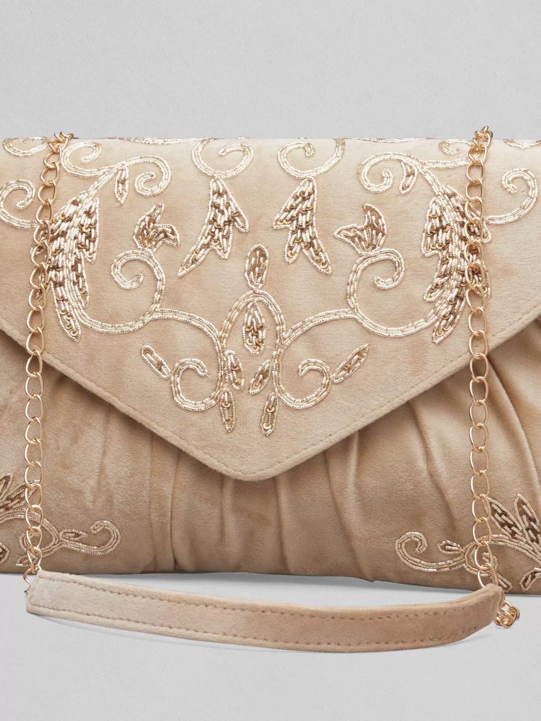 Rubans Cream Colour Slingbag With Embroided Gold And Brown Design.