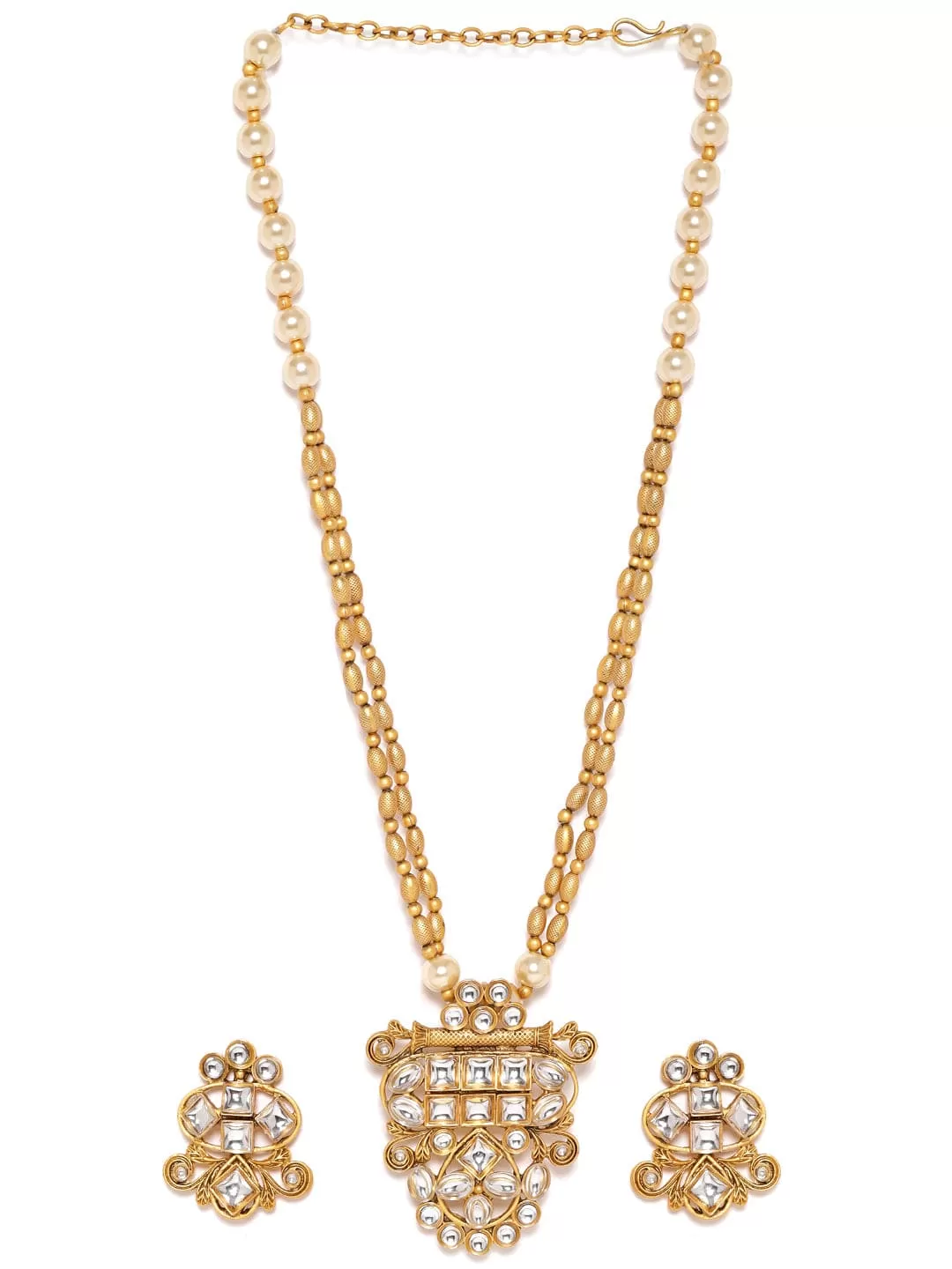 Rubans Gold and White Beads Chain with Gold-Toned Stone Pendant Necklace Set