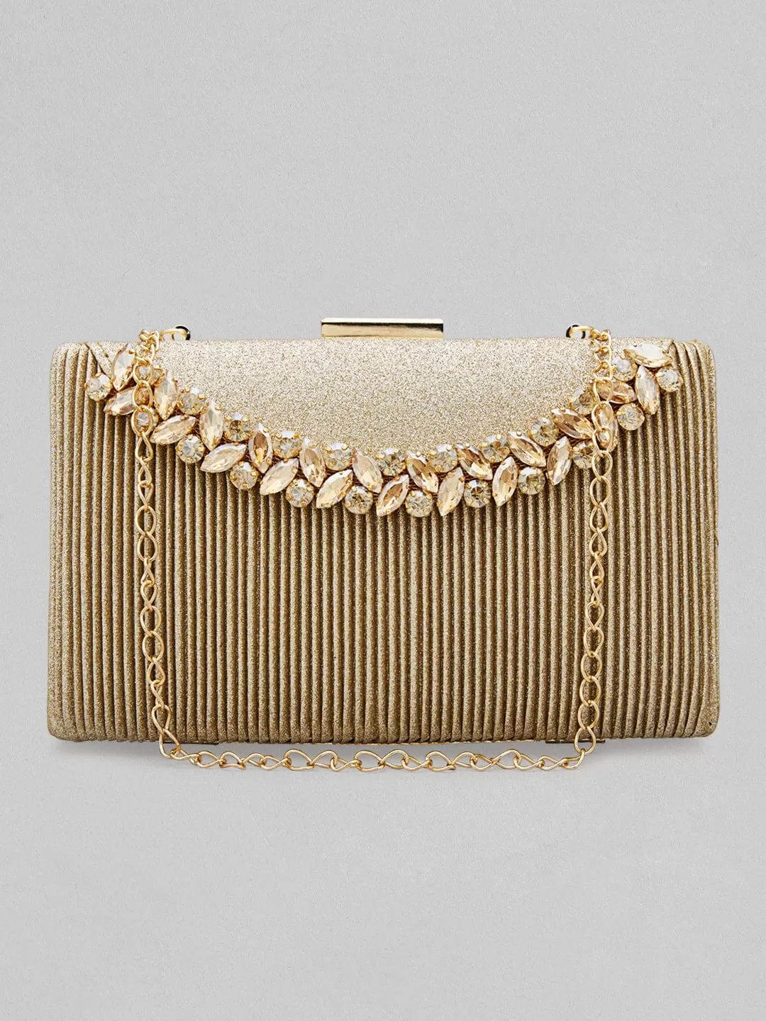 Rubans Golden-Tone Box Clutch Sling Bag Featuring American Diamonds