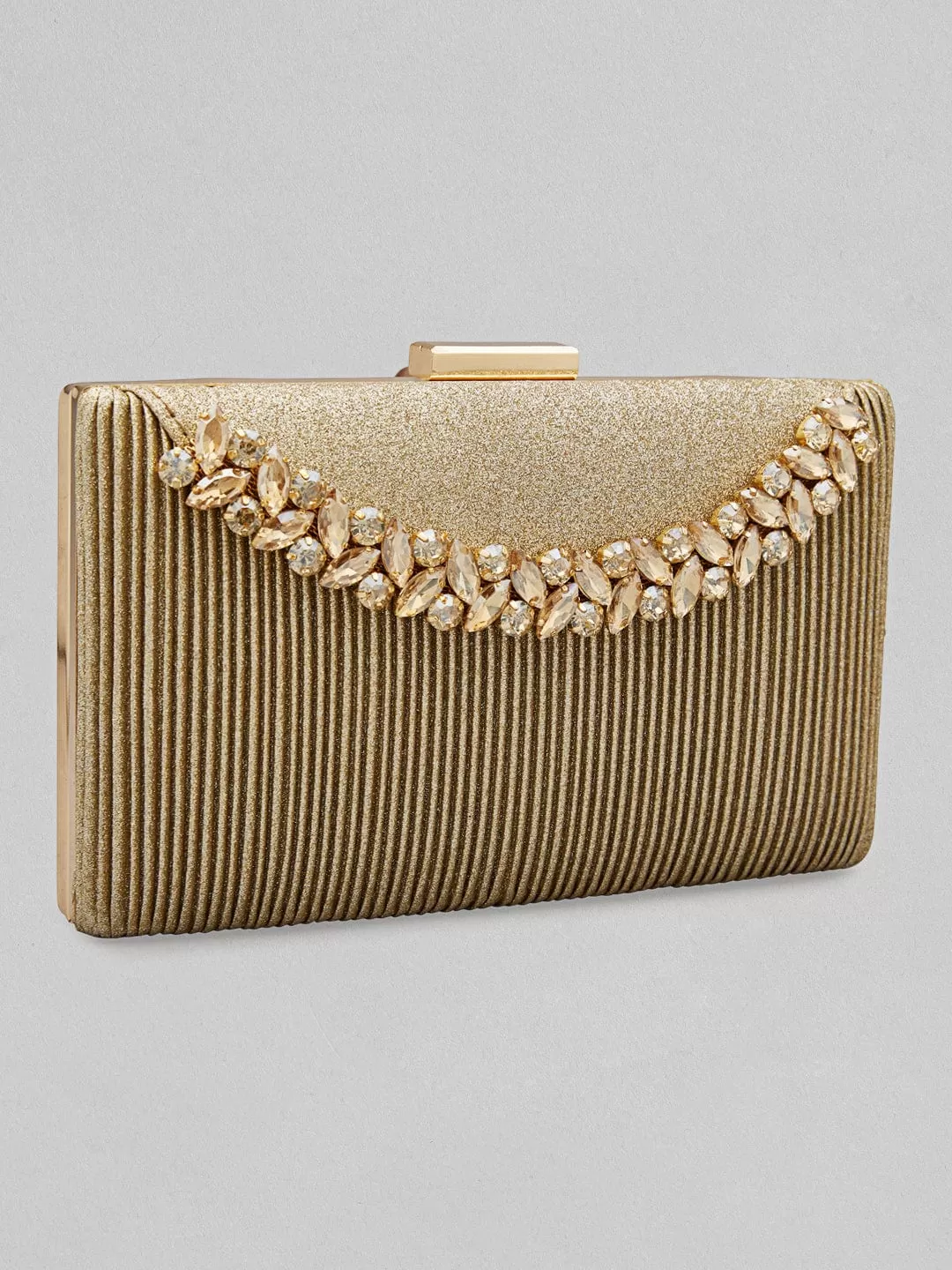 Rubans Golden-Tone Box Clutch Sling Bag Featuring American Diamonds