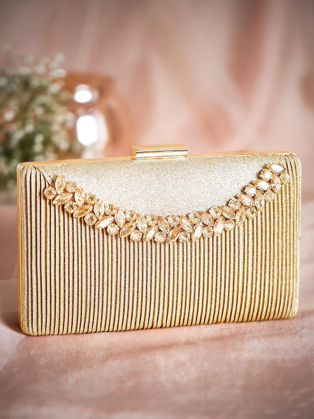 Rubans Golden-Tone Box Clutch Sling Bag Featuring American Diamonds