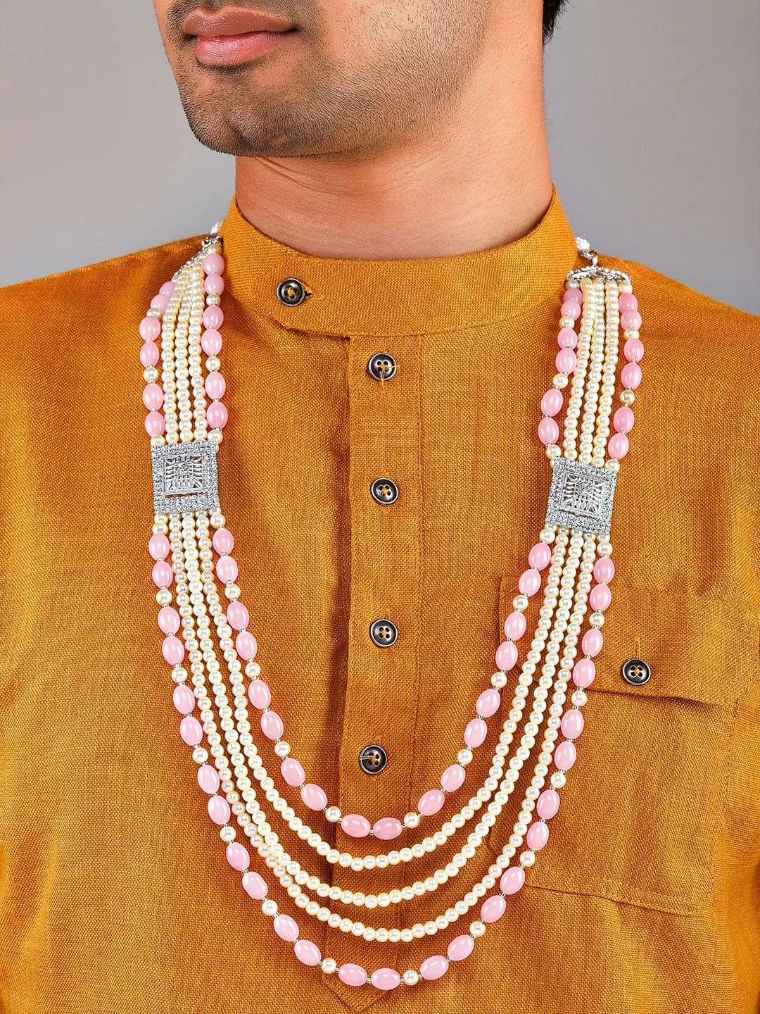 Rubans Pink & Gold Beaded Layered Mens Necklace.