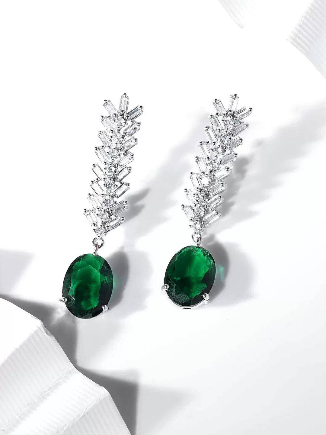 Rubans Rhodium Plated Emerald Green Zirconia Teardrop Classy Earring