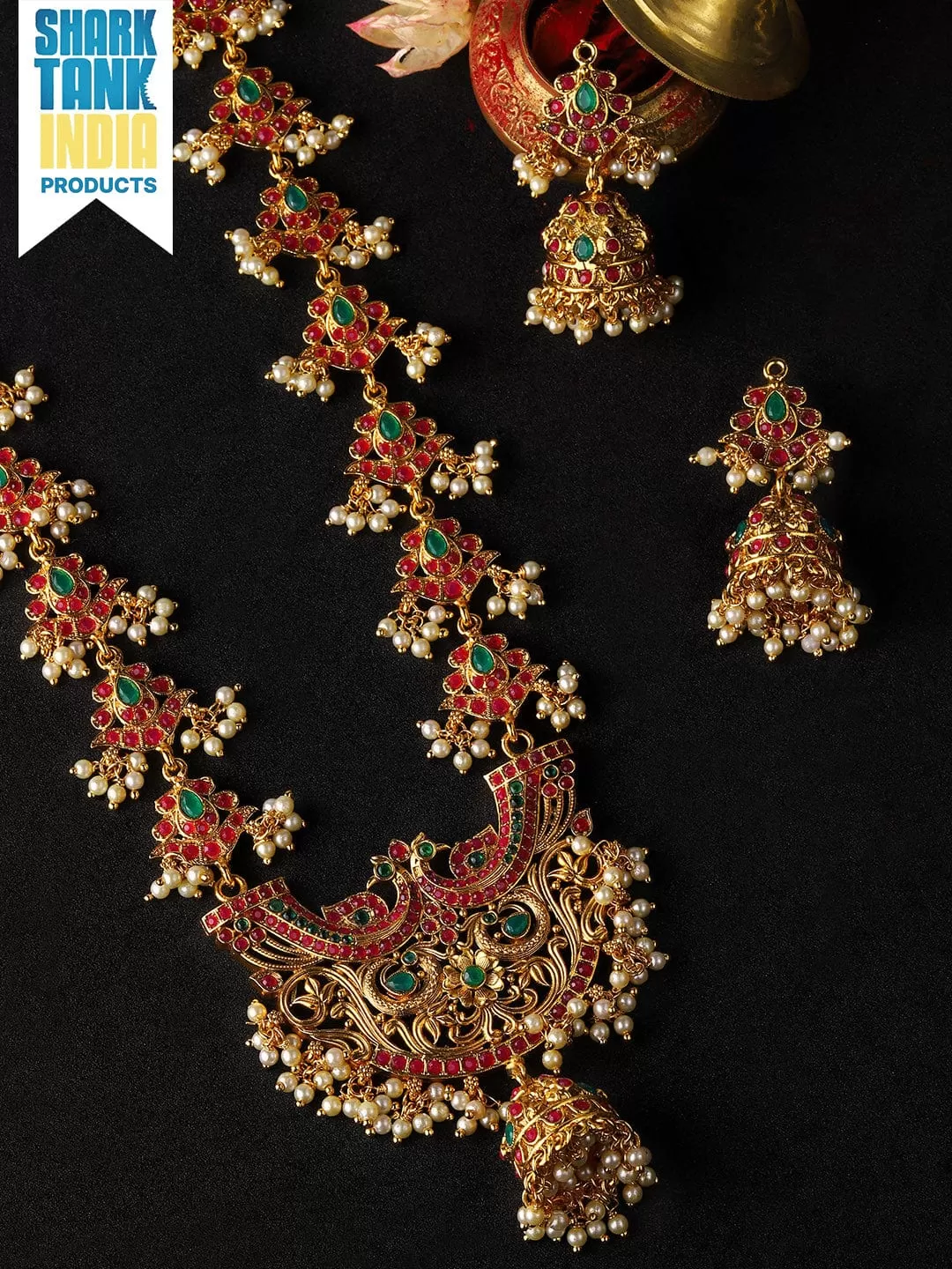 Rubans Ruby Studded Temple Necklace Set