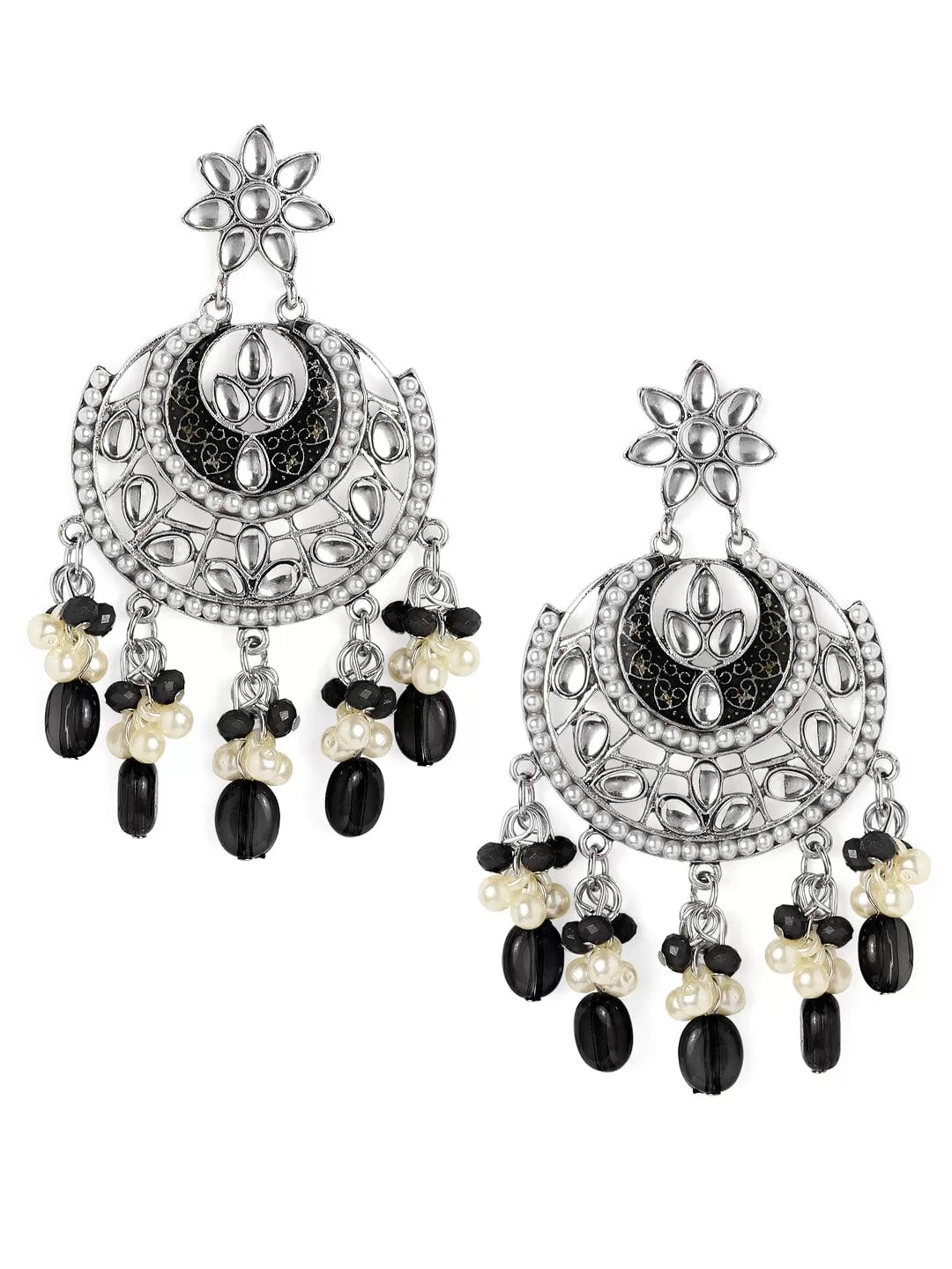 Rubans Silver-Plated  Black Circular Chandbali Earrings