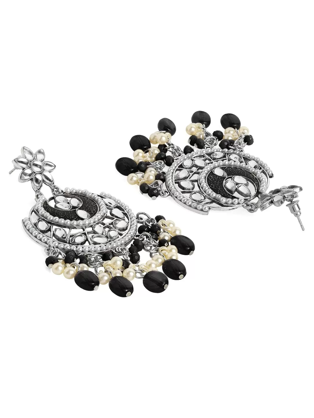 Rubans Silver-Plated  Black Circular Chandbali Earrings