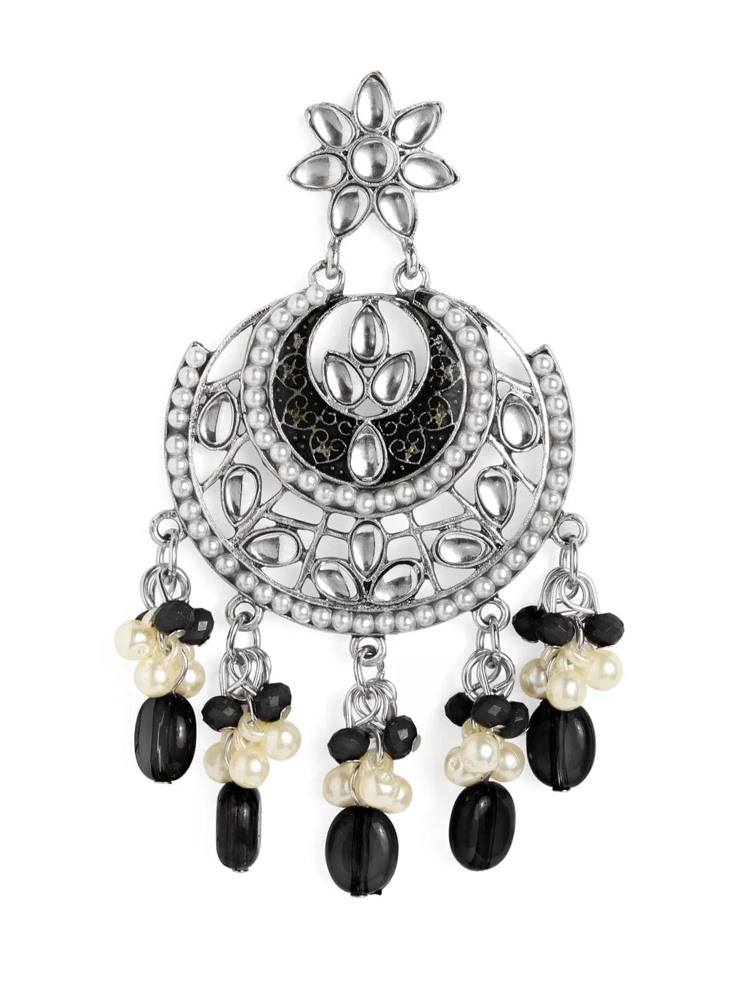 Rubans Silver-Plated  Black Circular Chandbali Earrings