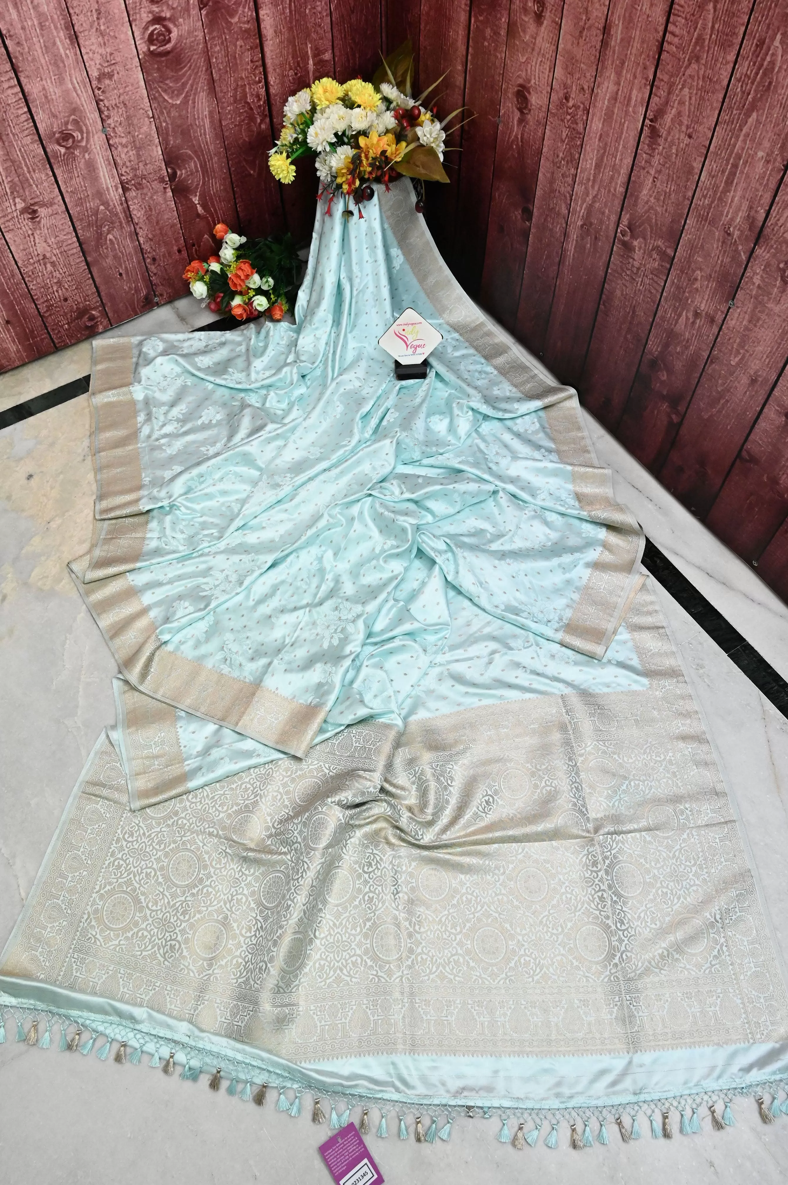 Seafoam Blue Color Mashru Banarasi Saree with Allover Buti