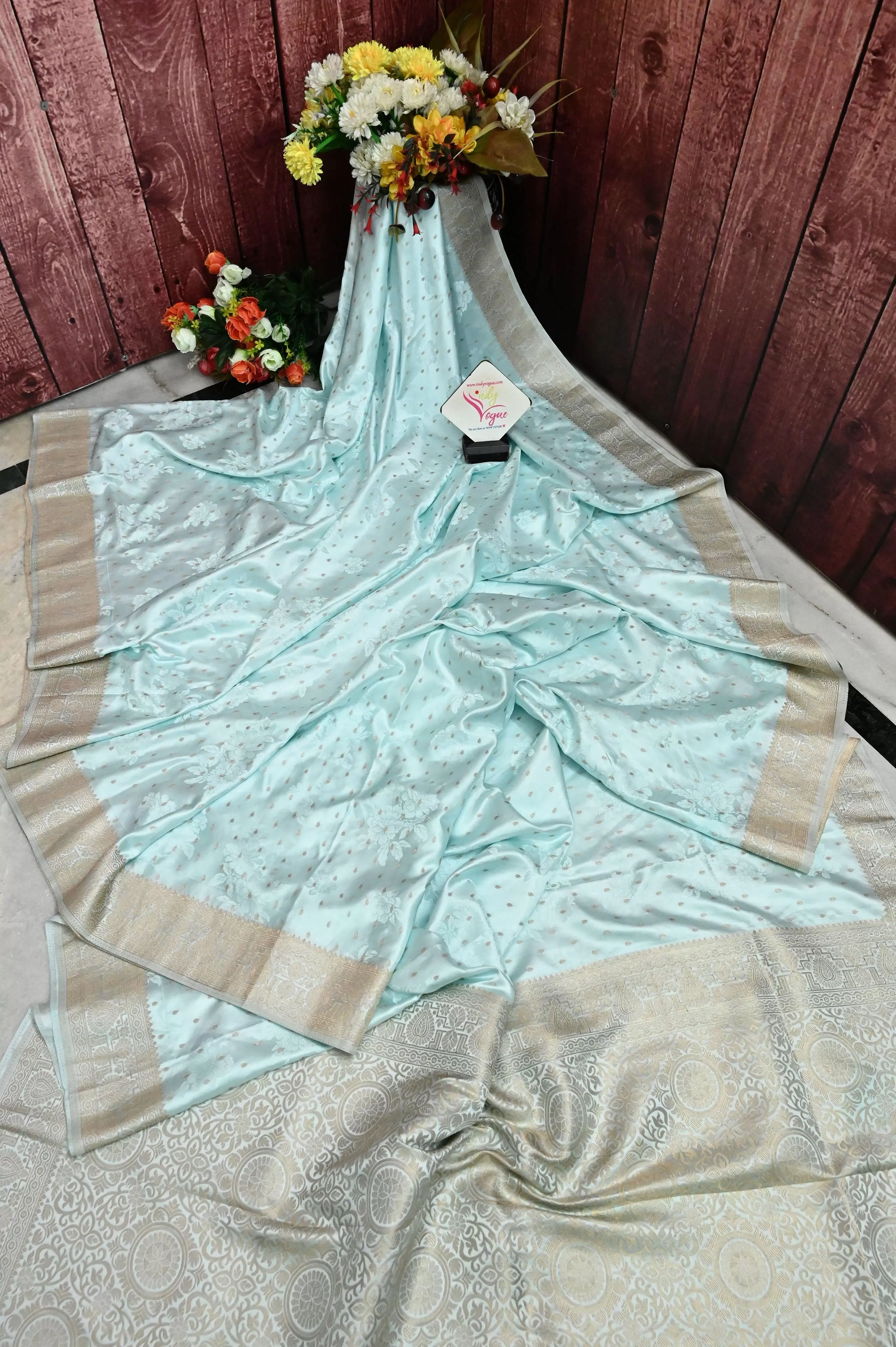 Seafoam Blue Color Mashru Banarasi Saree with Allover Buti