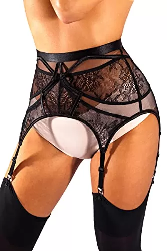 sofsy Lace Garter Belt / Suspender Belt with Clips for Women's Thigh High Stockings (Stockings Sold Separately) Black - Plus Size XXXL 3XL (W34-35inch)