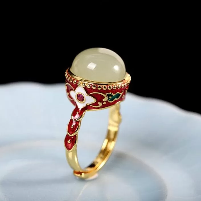 Vintage Trendy Jade Enamel Adjustable Ring - S925 Silver