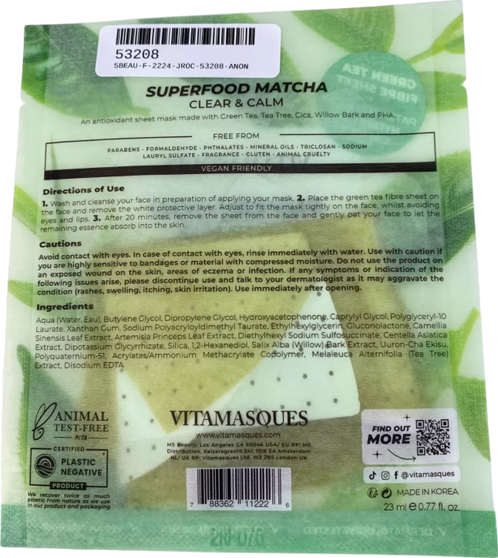 Vitamasques Superfood Matcha Clear & Calm Antioxidant Sheet Mask 23 ml