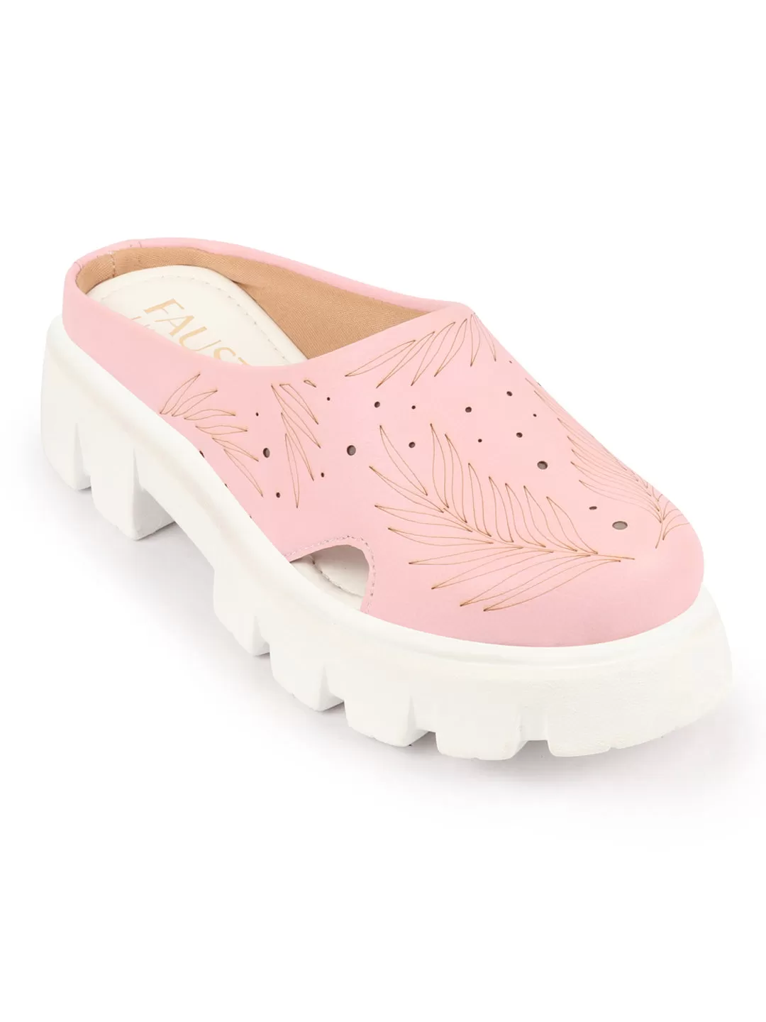 Women Pink Fashion Outdoor Leaf Print Laser Cut Design Open Back Slip On Casual Shoes