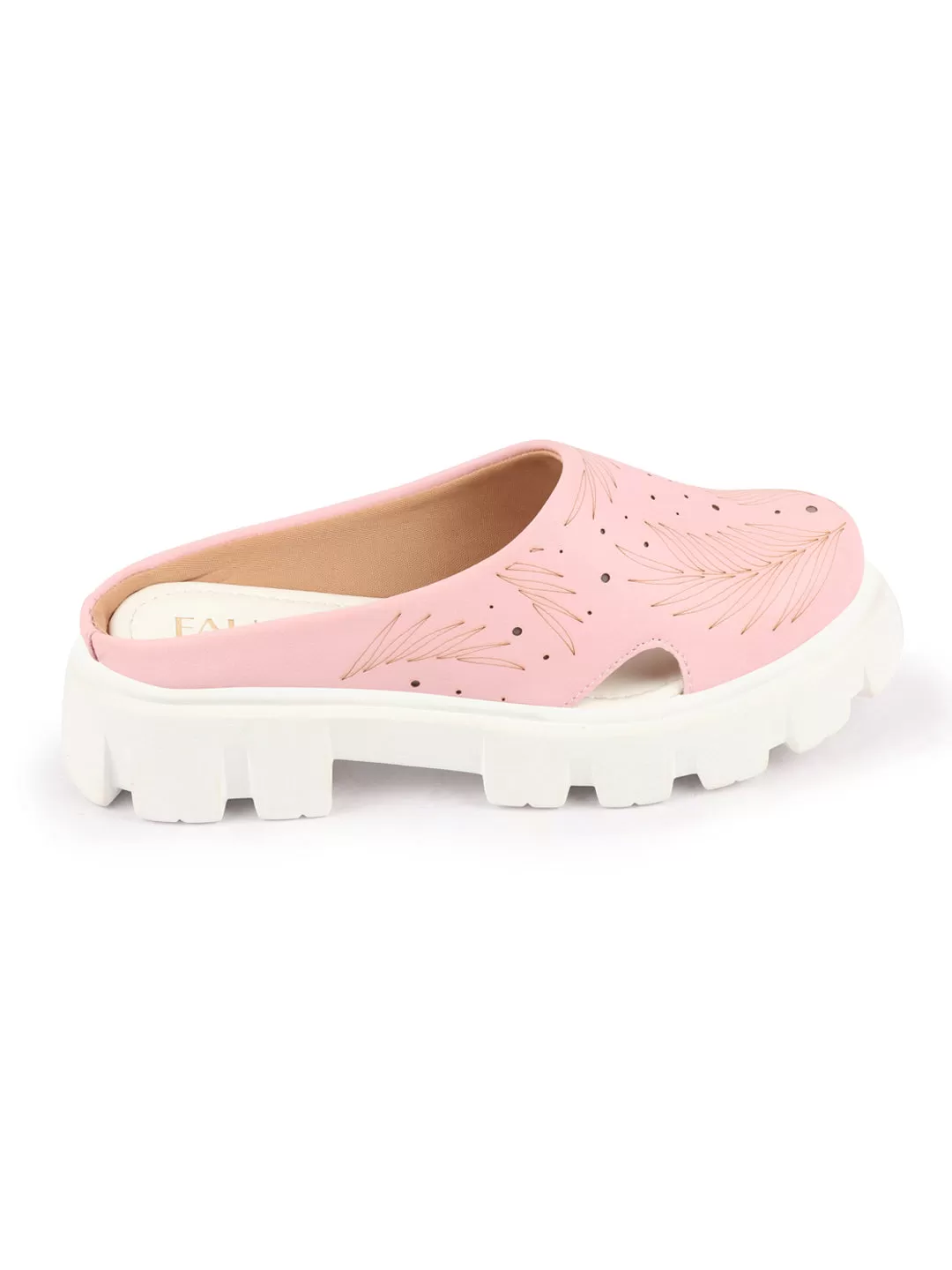 Women Pink Fashion Outdoor Leaf Print Laser Cut Design Open Back Slip On Casual Shoes